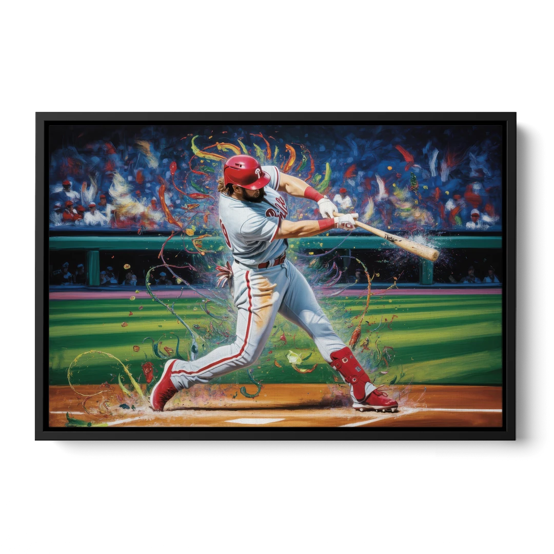 Philadelphia Phillies Impressionistic Baseball Action Art - Black Framed Canvas Wall Art - Front
