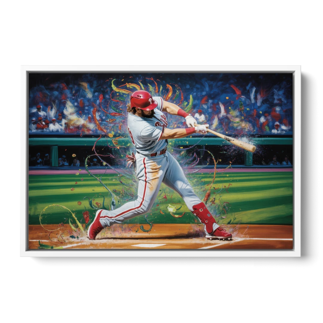 Philadelphia Phillies Impressionistic Baseball Action Art - White Framed Canvas Wall Art - Front