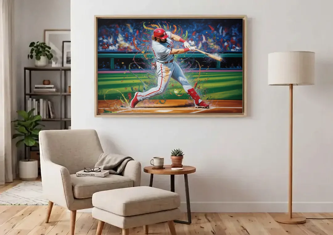 Philadelphia Phillies Impressionistic Baseball Action Art canvas wall art above an armchair in a bright living room