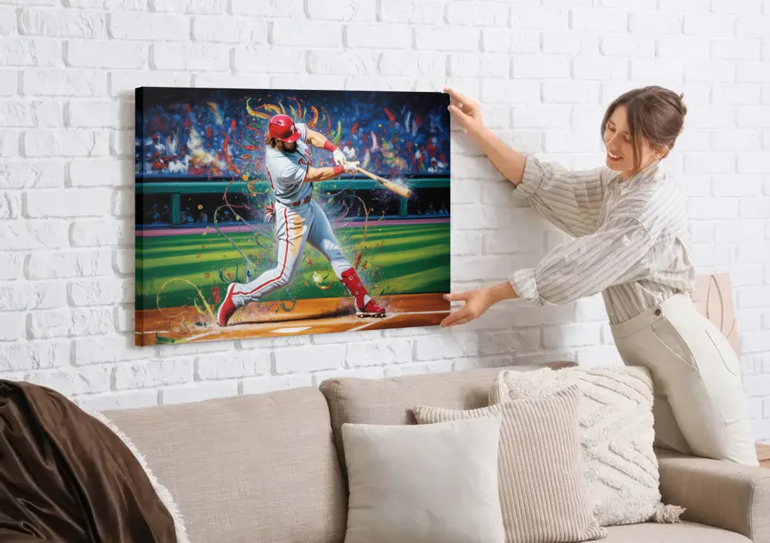 Philadelphia Phillies Impressionistic Baseball Action Art canvas wall art being hung on a white brick wall above a sofa