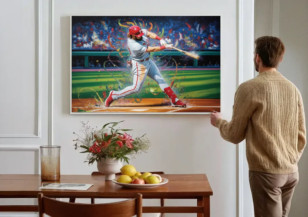 Philadelphia Phillies Impressionistic Baseball Action Art canvas wall art above a dining table