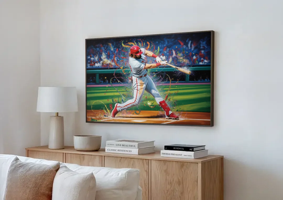 Philadelphia Phillies Impressionistic Baseball Action Art canvas wall art above a wooden sideboard next to a sofa