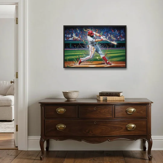 Philadelphia Phillies Impressionistic Baseball Action Art - Black Framed Canvas Wall Art - Coffee Table - 36x24