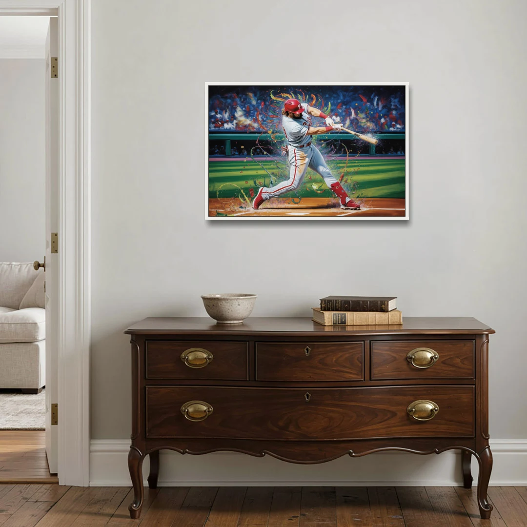 Philadelphia Phillies Impressionistic Baseball Action Art - White Framed Canvas Wall Art - Coffee Table - 36x24