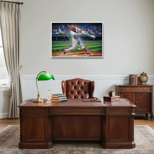 Philadelphia Phillies Impressionistic Baseball Action Art - White Framed Canvas Wall Art - Office - 36x24