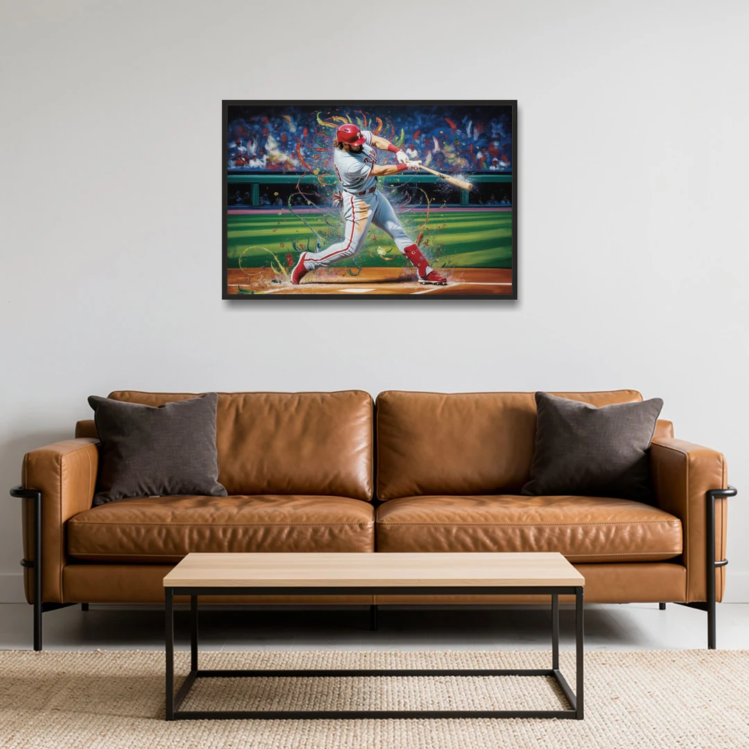 Philadelphia Phillies Impressionistic Baseball Action Art - Black Framed Canvas Wall Art - Sofa - 36x24