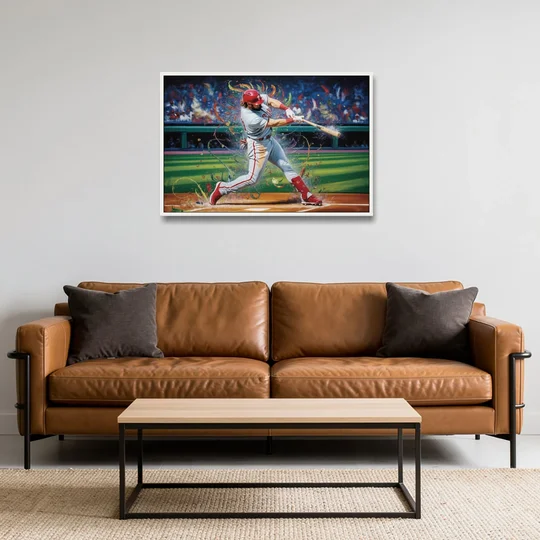Philadelphia Phillies Impressionistic Baseball Action Art - White Framed Canvas Wall Art - Sofa - 36x24