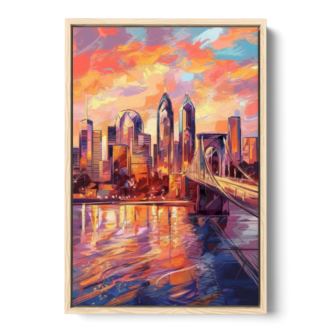 Philadelphia Skyline at Sunset - Oak Framed Canvas Wall Art - Front
