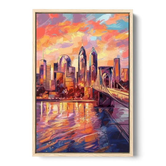 Philadelphia Skyline at Sunset - Oak Framed Canvas Wall Art - Front
