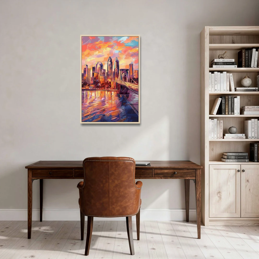 Philadelphia Skyline at Sunset - Oak Framed Canvas Wall Art - Office - 24x36