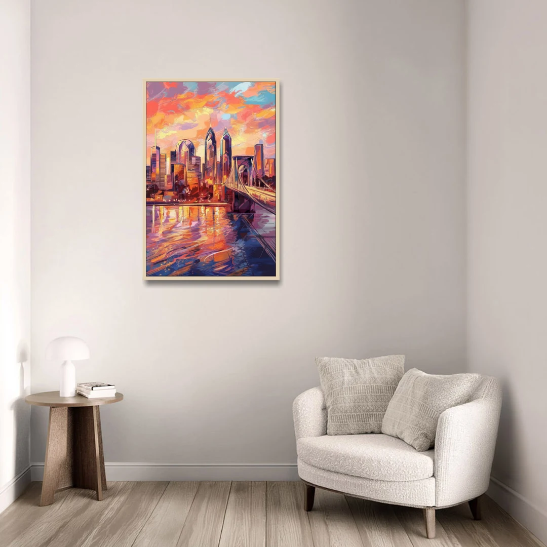 Philadelphia Skyline at Sunset - Oak Framed Canvas Wall Art - Sofa - 24x36