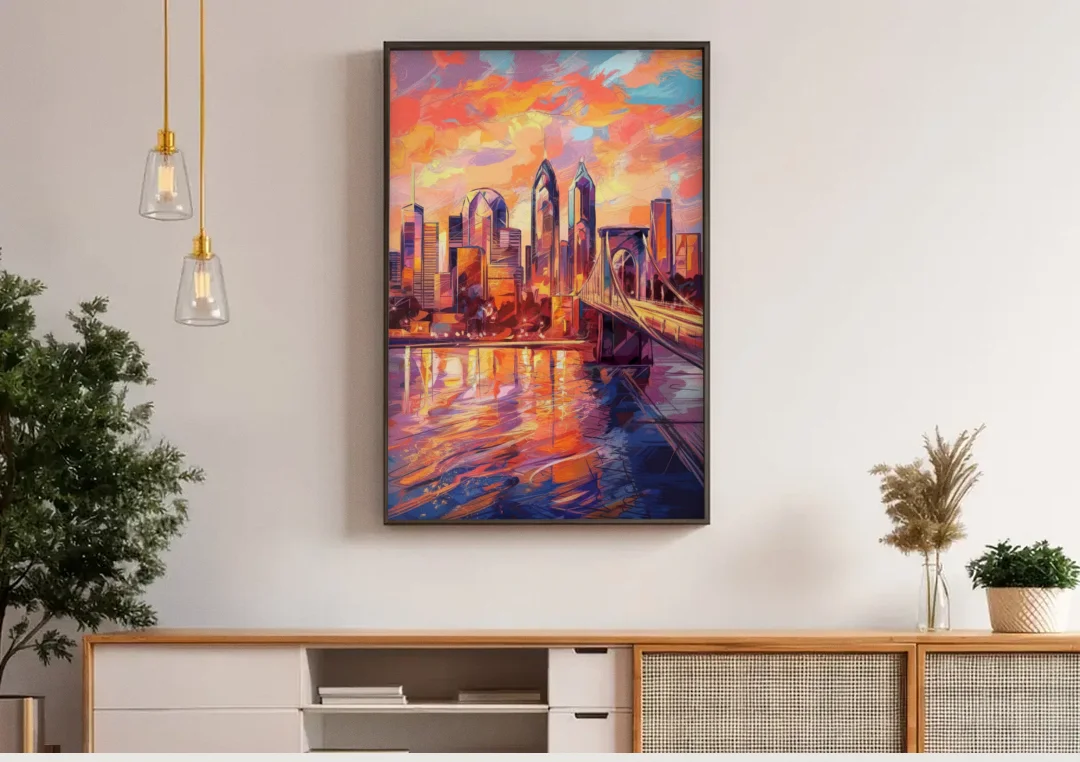 Philadelphia Skyline at Sunset canvas wall art above a wooden sideboard under pendant lights