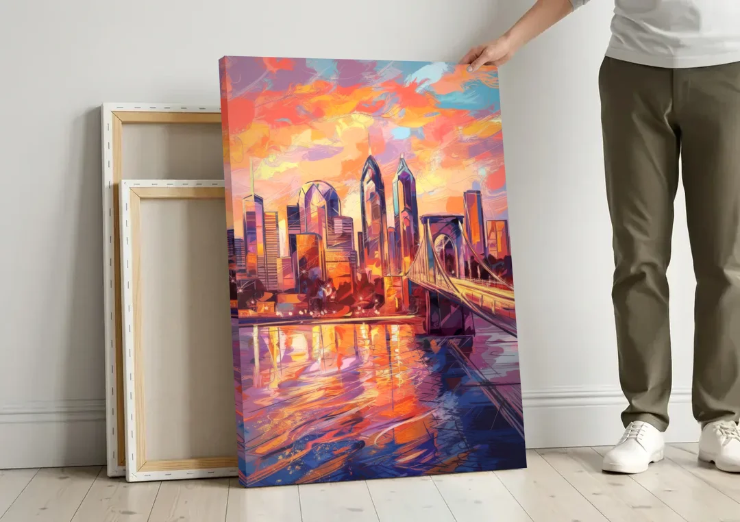 Philadelphia Skyline at Sunset canvas wall art leaning against a wall next to blank canvases