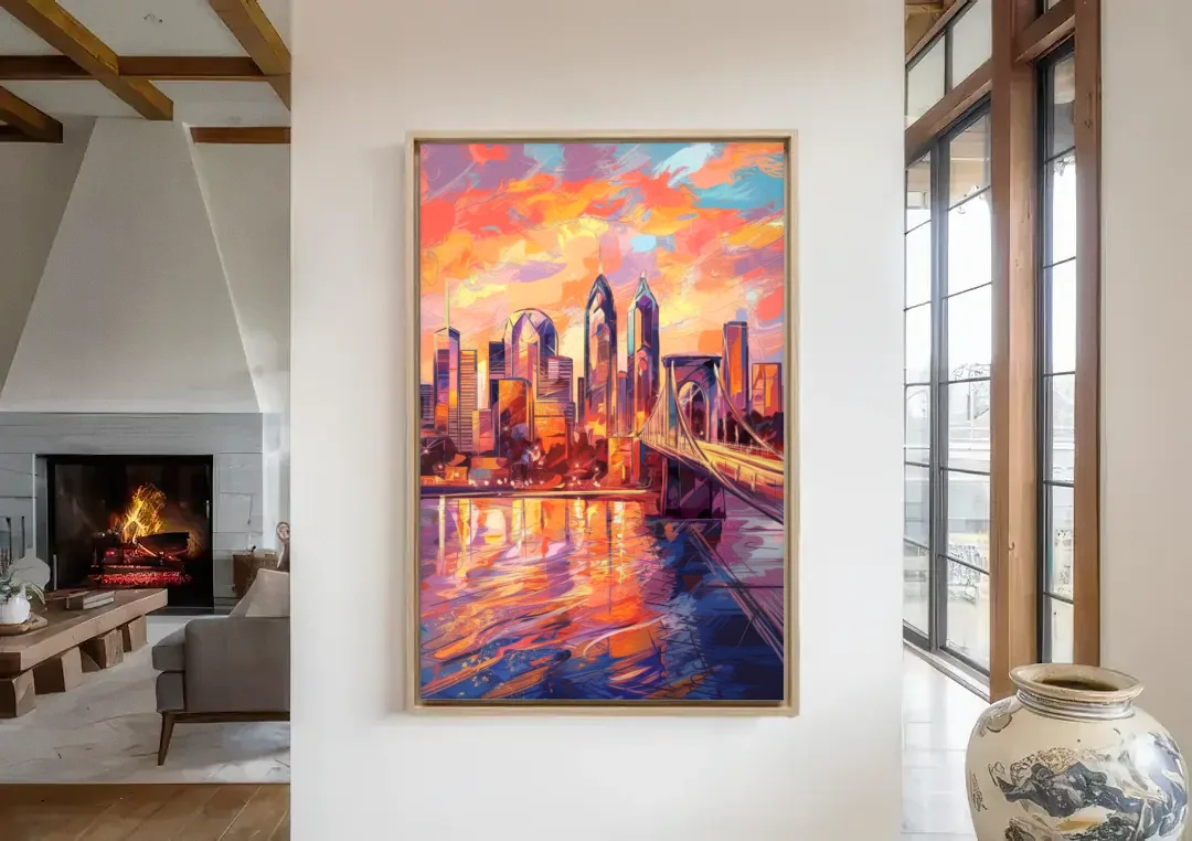 Philadelphia Skyline at Sunset canvas wall art in a living room with a fireplace