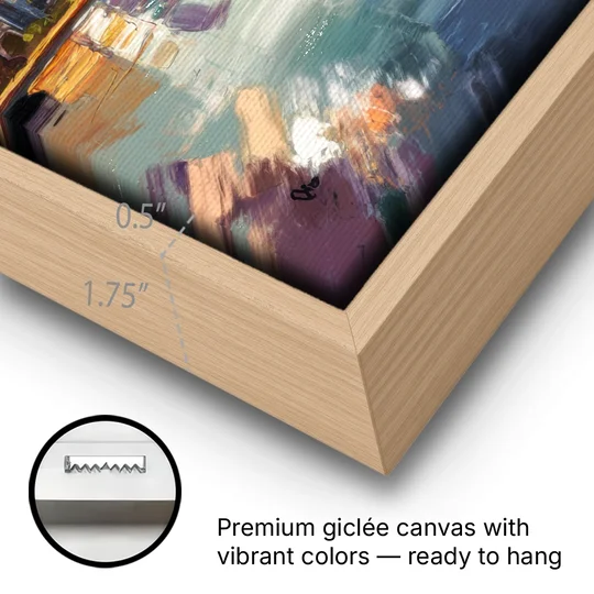 Philadelphia Skyline Reflections - Oak Framed Canvas Wall Art - Gallery Wrap Corner
