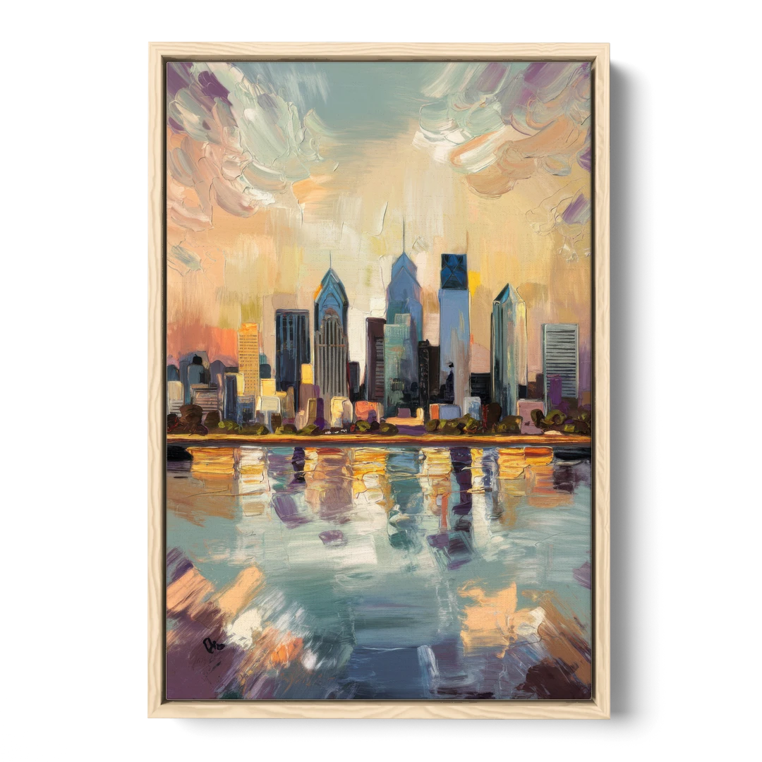 Philadelphia Skyline Reflections - Oak Framed Canvas Wall Art - Front