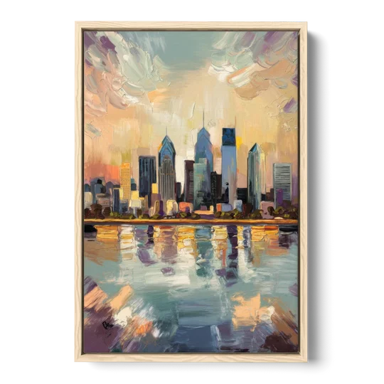 Philadelphia Skyline Reflections - Oak Framed Canvas Wall Art - Front
