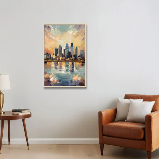 Philadelphia Skyline Reflections - Oak Framed Canvas Wall Art - Sofa - 24x36
