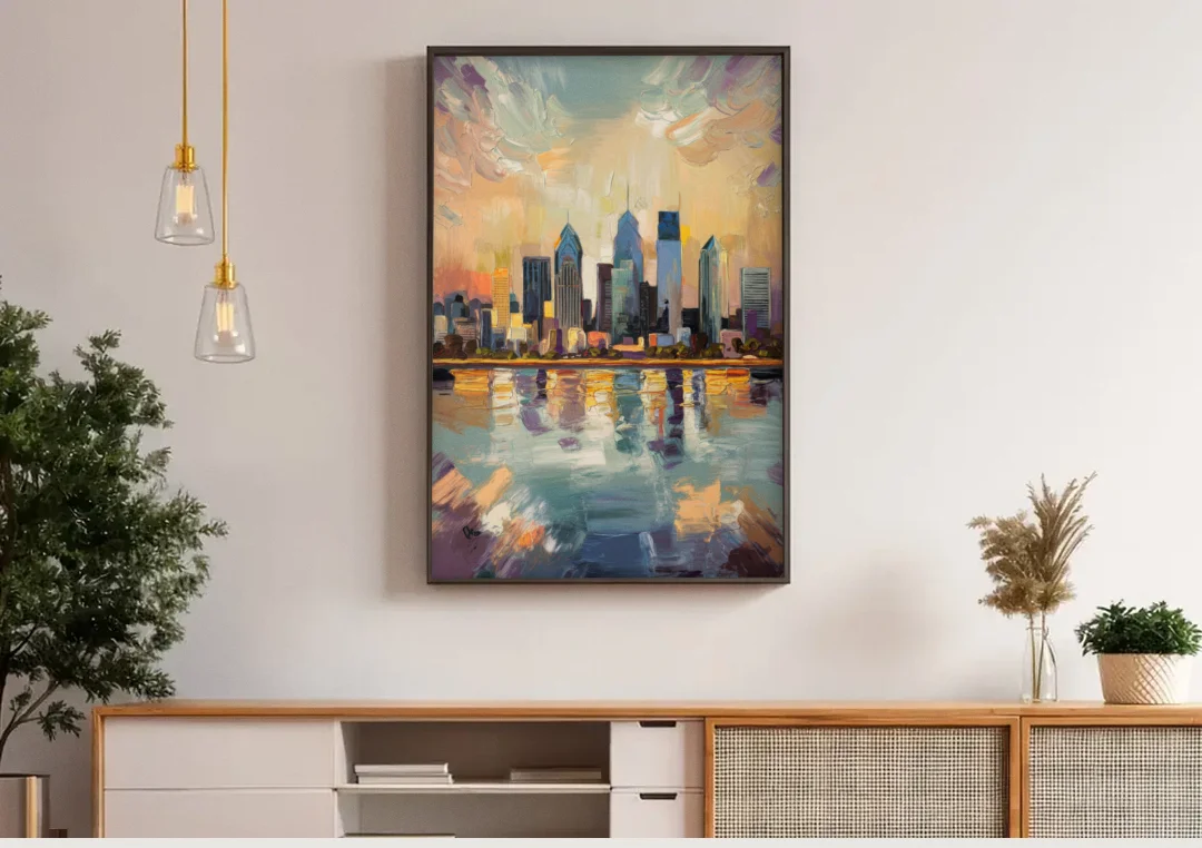 Philadelphia Skyline Reflections canvas wall art above a wooden sideboard under pendant lights