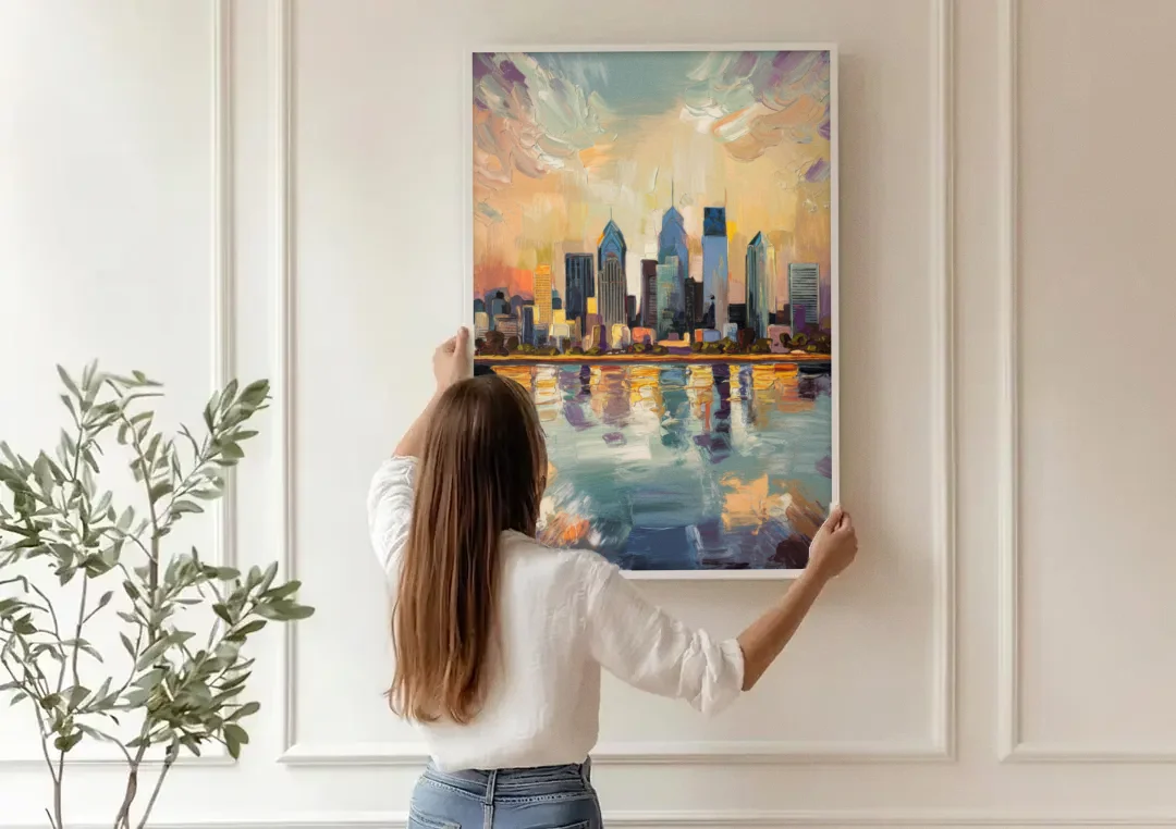 Philadelphia Skyline Reflections canvas wall art being hung on a paneled wall