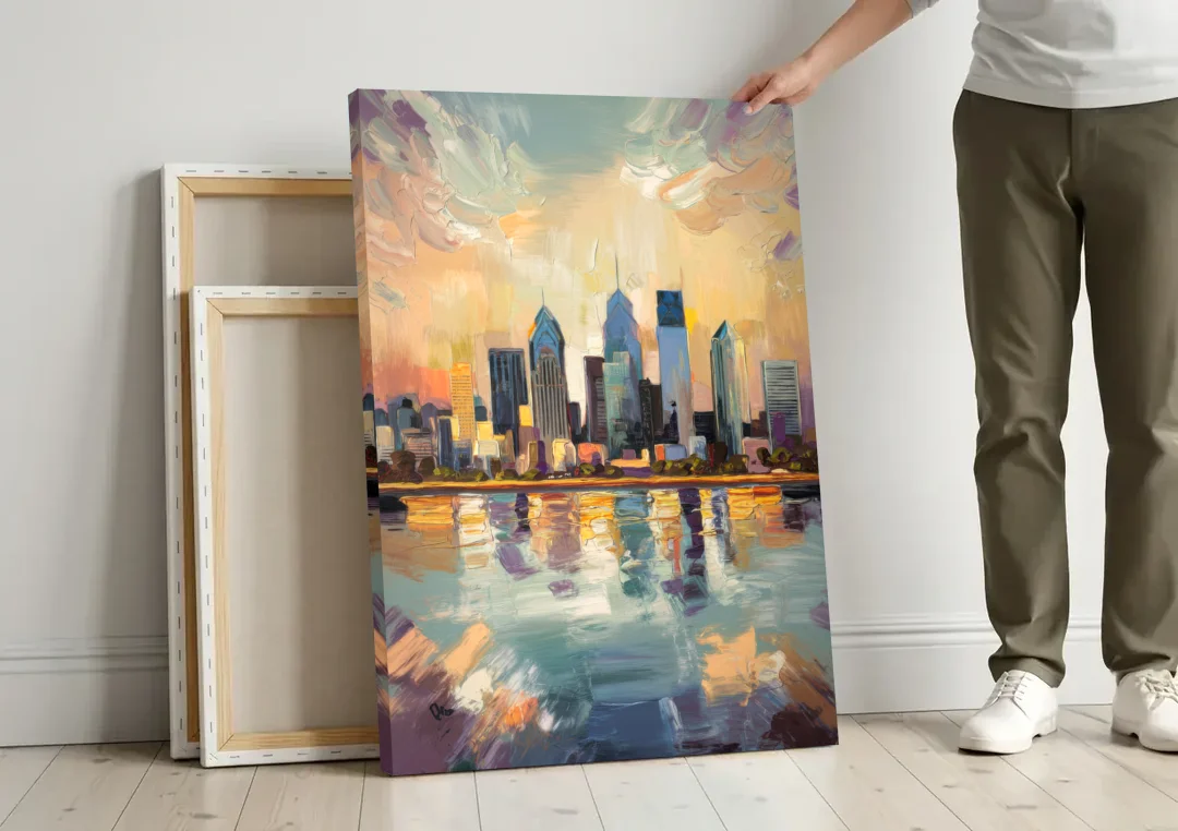 Philadelphia Skyline Reflections canvas wall art leaning against a wall next to blank canvases