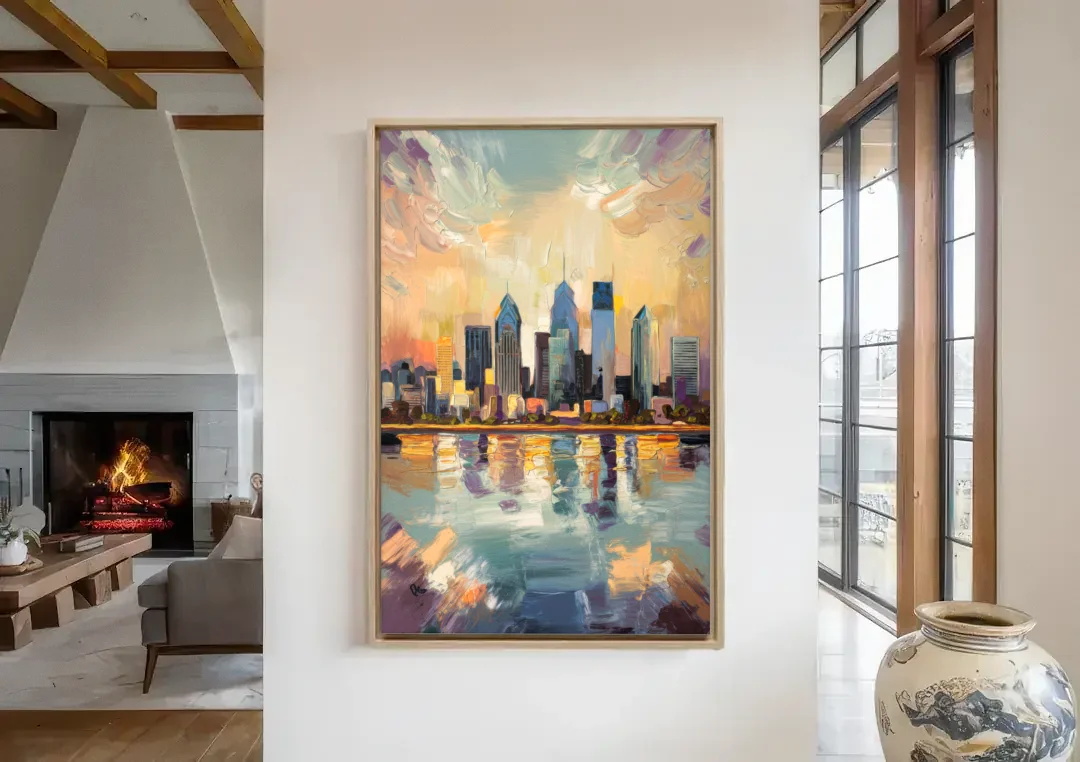 Philadelphia Skyline Reflections canvas wall art in a living room with a fireplace