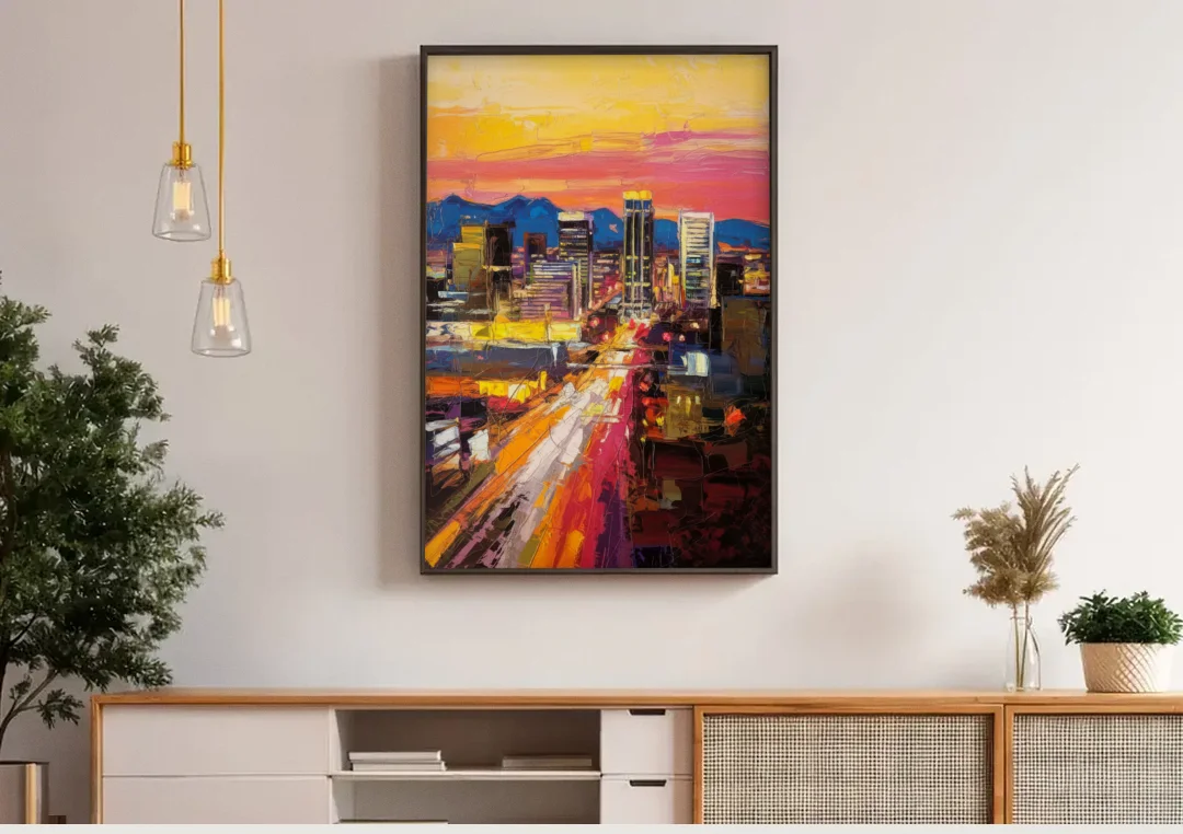 Phoenix Arizona Downtown Lights canvas wall art above a wooden sideboard under pendant lights
