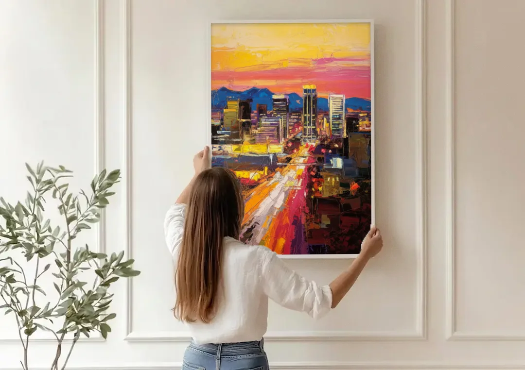 Phoenix Arizona Downtown Lights canvas wall art being hung on a paneled wall