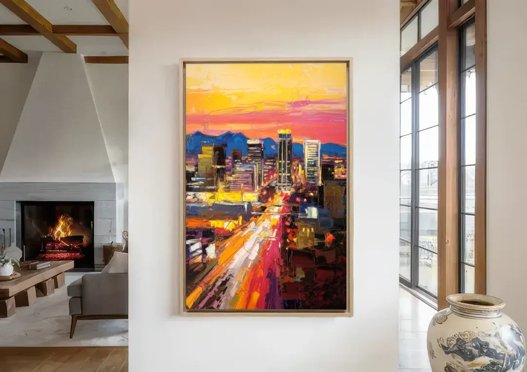 Phoenix Arizona Downtown Lights canvas wall art in a living room with a fireplace