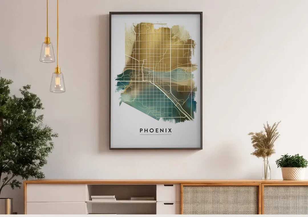 Phoenix Arizona Map Design canvas wall art above a wooden sideboard under pendant lights
