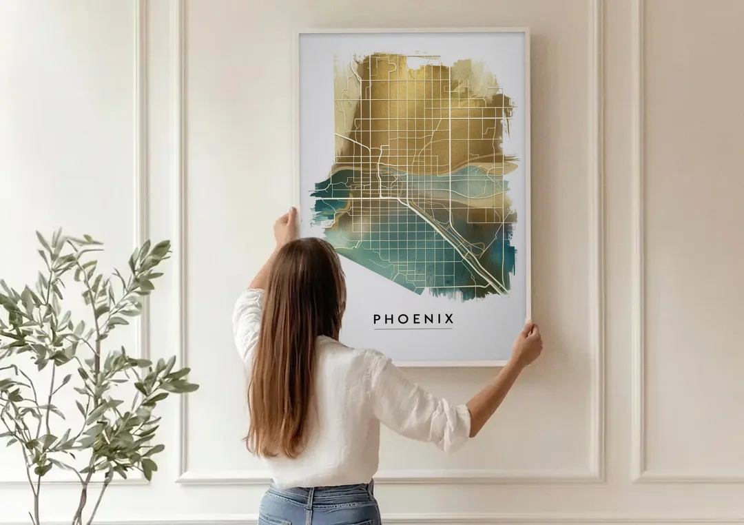 Phoenix Arizona Map Design canvas wall art being hung on a paneled wall