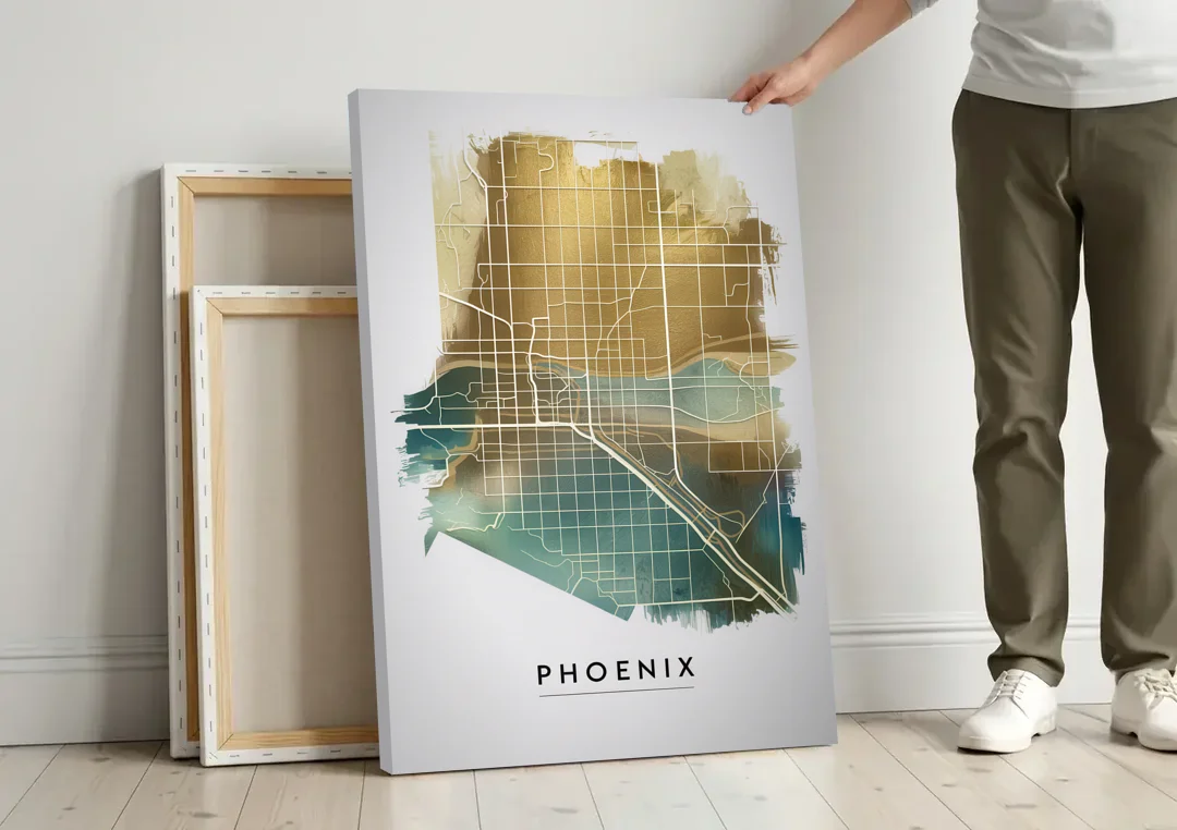 Phoenix Arizona Map Design canvas wall art leaning against a wall next to blank canvases