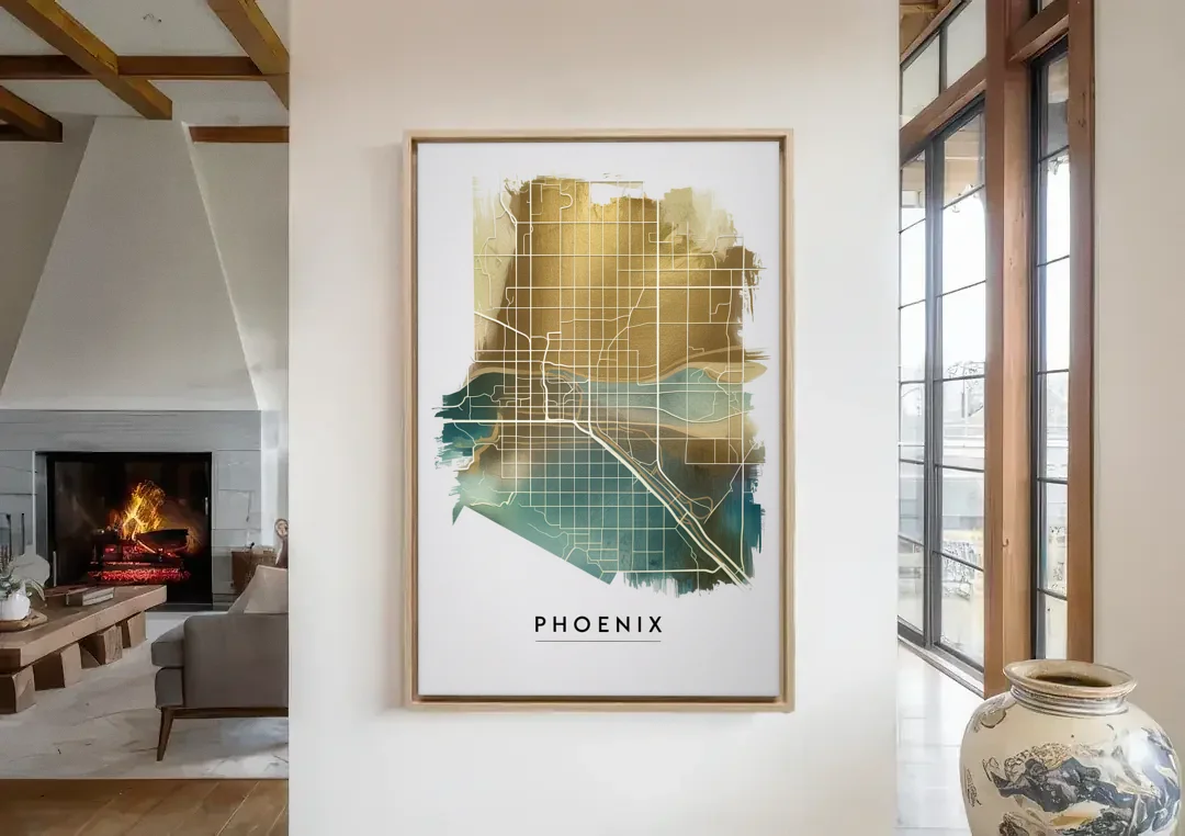 Phoenix Arizona Map Design canvas wall art in a living room with a fireplace