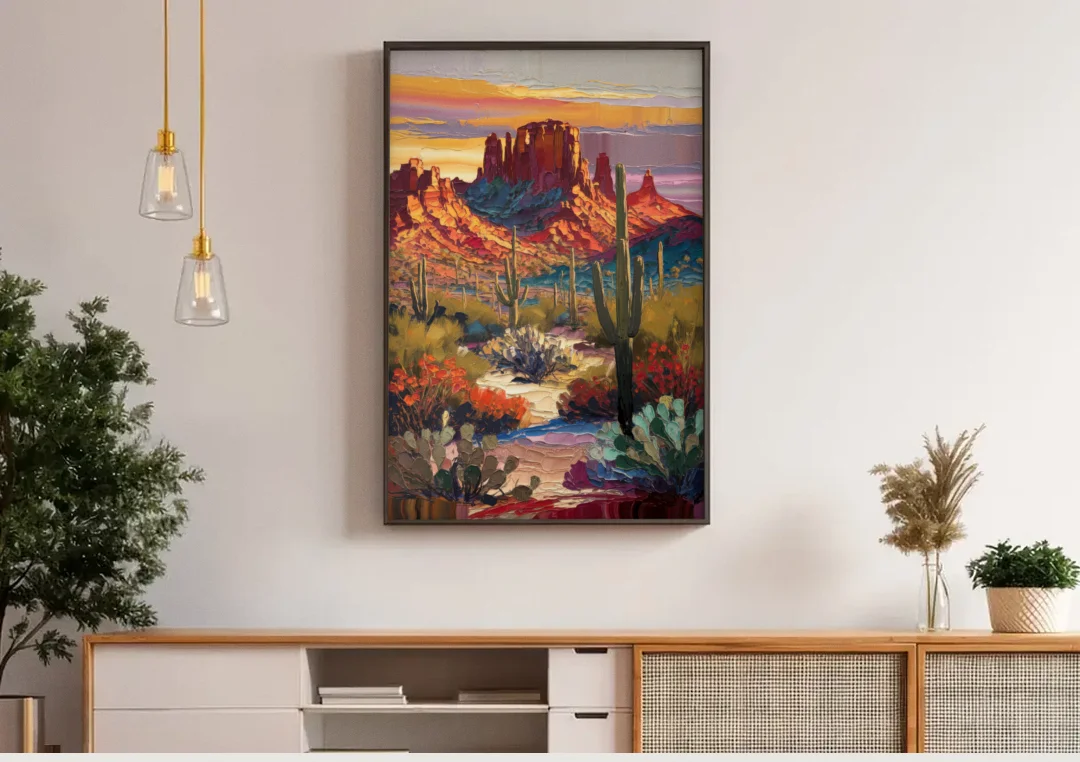 Phoenix Arizona Mountainscape canvas wall art above a wooden sideboard under pendant lights
