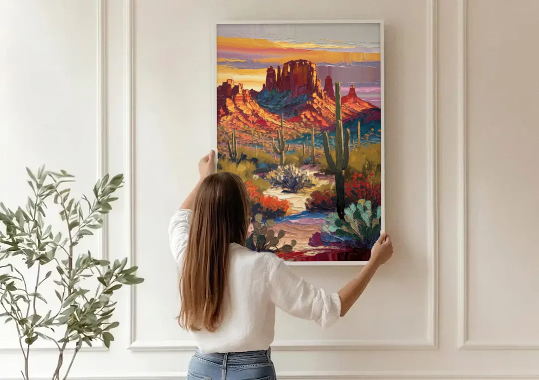 Phoenix Arizona Mountainscape canvas wall art being hung on a paneled wall