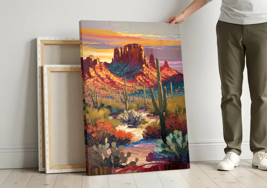 Phoenix Arizona Mountainscape canvas wall art leaning against a wall next to blank canvases