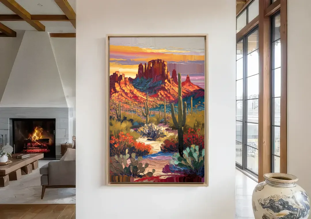 Phoenix Arizona Mountainscape canvas wall art in a living room with a fireplace