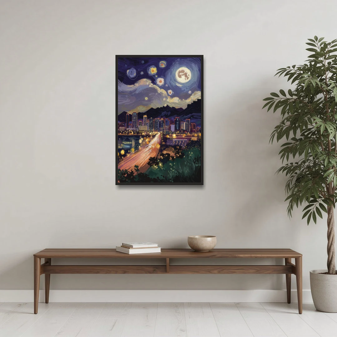 Phoenix Arizona Nightscape - Black Framed Canvas Wall Art - Coffee Table - 24x36