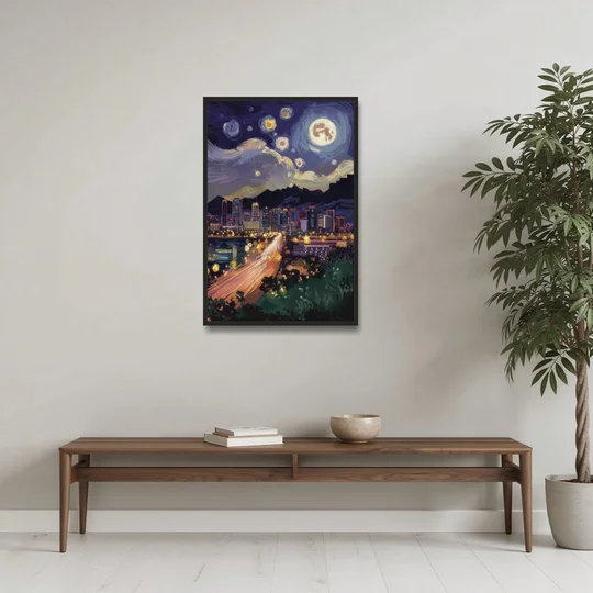 Phoenix Arizona Nightscape - Black Framed Canvas Wall Art - Coffee Table - 24x36