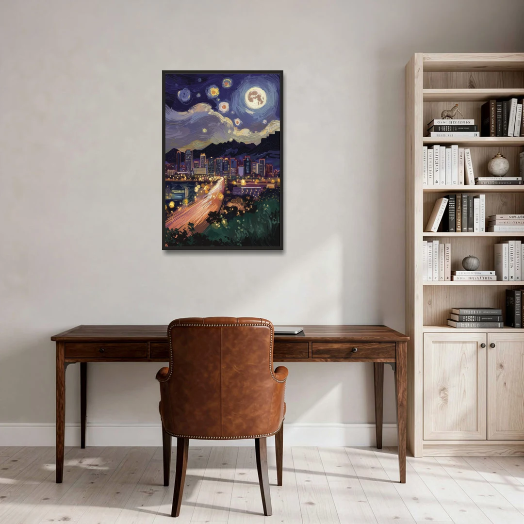 Phoenix Arizona Nightscape - Black Framed Canvas Wall Art - Office - 24x36