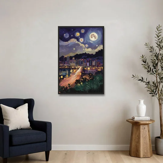Phoenix Arizona Nightscape - Black Framed Canvas Wall Art - Sofa - 24x36