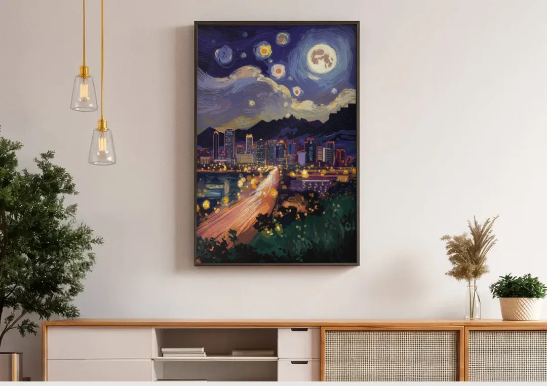 Phoenix Arizona Nightscape canvas wall art above a wooden sideboard under pendant lights