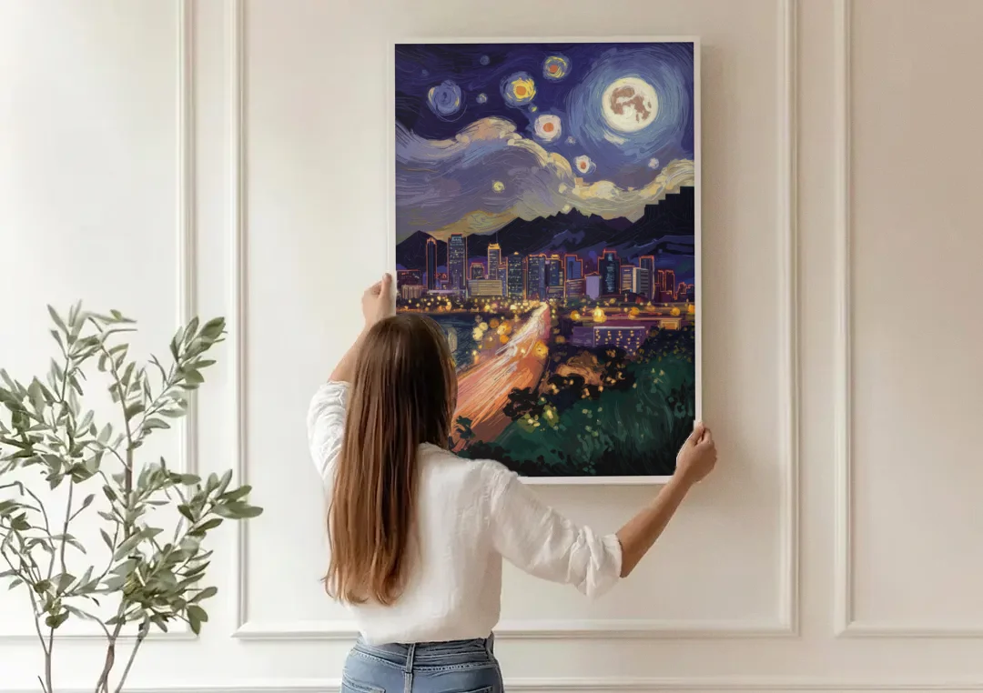 Phoenix Arizona Nightscape canvas wall art being hung on a paneled wall