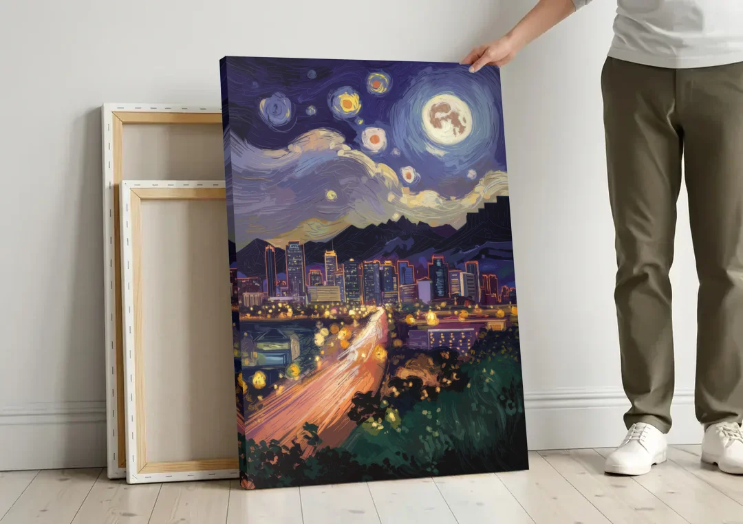 Phoenix Arizona Nightscape canvas wall art leaning against a wall next to blank canvases