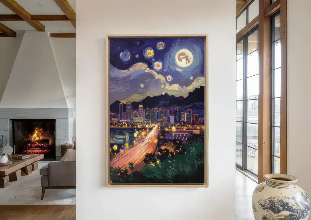 Phoenix Arizona Nightscape canvas wall art in a living room with a fireplace