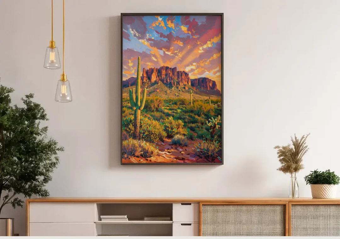 Phoenix Arizona Scenic Views canvas wall art above a wooden sideboard under pendant lights