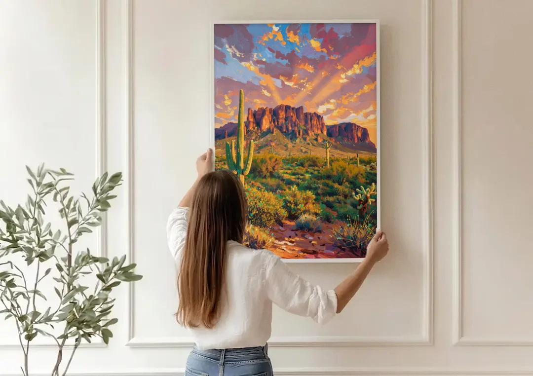 Phoenix Arizona Scenic Views canvas wall art being hung on a paneled wall