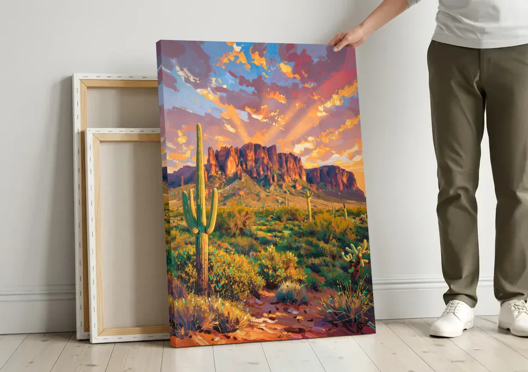 Phoenix Arizona Scenic Views canvas wall art leaning against a wall next to blank canvases