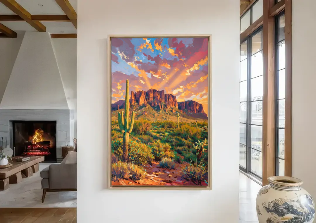 Phoenix Arizona Scenic Views canvas wall art in a living room with a fireplace