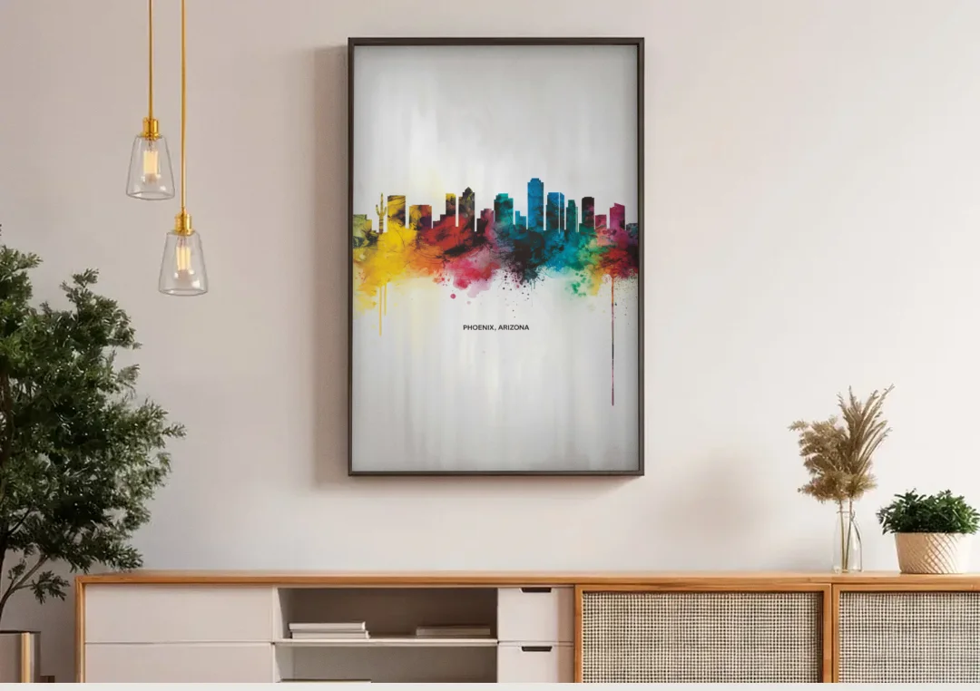 Phoenix Arizona Skyline View canvas wall art above a wooden sideboard under pendant lights